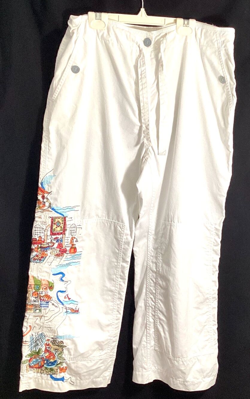 Vintage Chico's White Embroidered Cropped Capris Pants Cotton Drawstring Boho